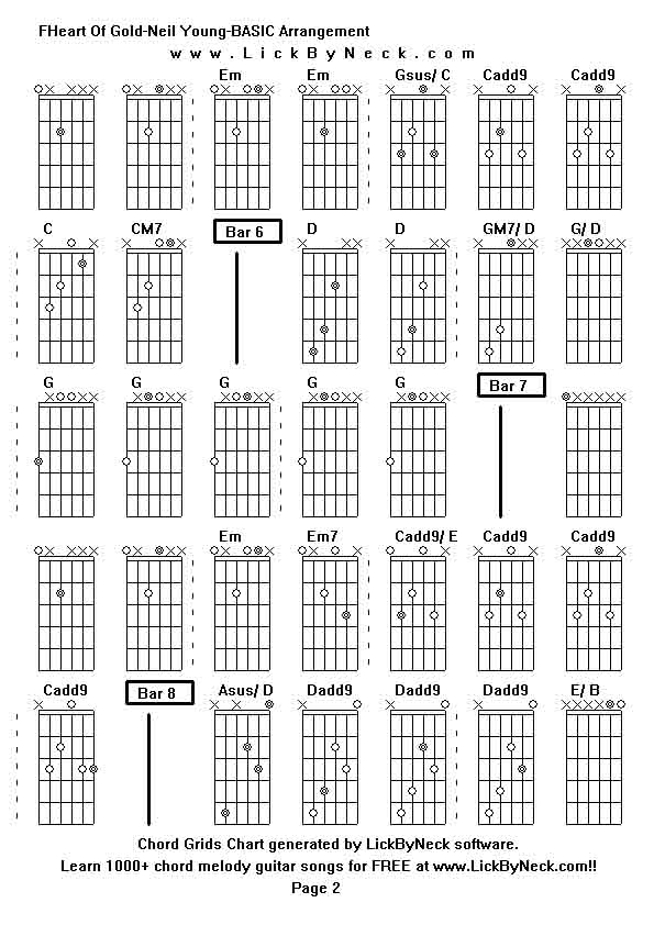 Chord Grids Chart of chord melody fingerstyle guitar song-FHeart Of Gold-Neil Young-BASIC Arrangement,generated by LickByNeck software.